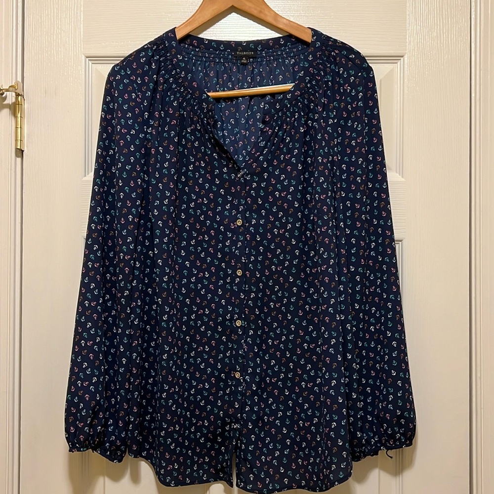 Talbots XL anchor print, navy long sleeve blouse.